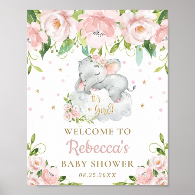 Cute Elephant Pink Floral Baby Shower Welcome Sign (Front)