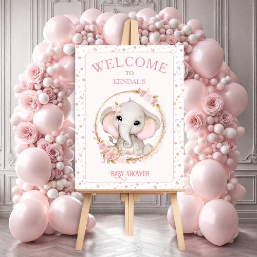 Cute Elephant Pink Floral Baby Shower Welcome Sign