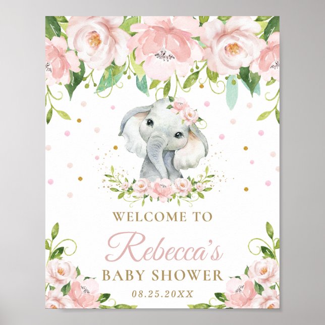 Cute Elephant Pink Floral Baby Shower Welcome Sign (Front)