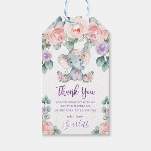 Cute Elephant Pink Floral Birthday Thank You Favor Gift Tags