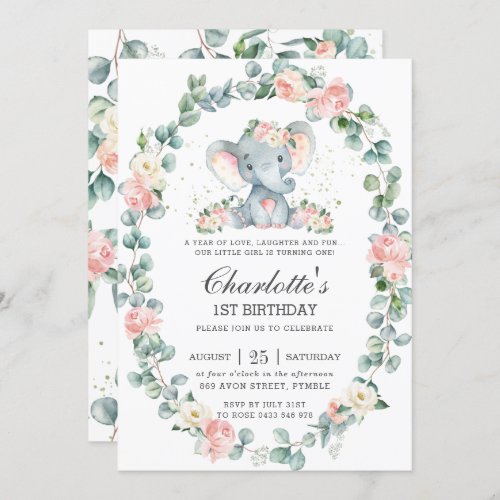 Cute Elephant Pink Floral Greenery 1st Birthday Invitation