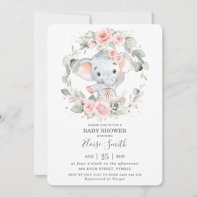 Cute Elephant Pink Floral Greenery Baby Shower  Invitation (Front)