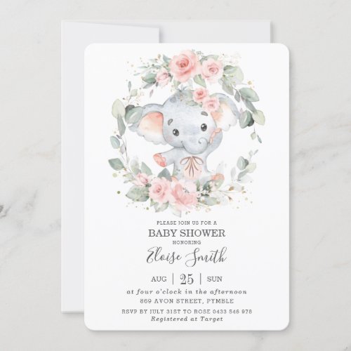 Cute Elephant Pink Floral Greenery Baby Shower  Invitation