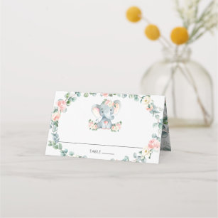 Cute Elephant Pink Floral Greenery Baby Shower Place Card