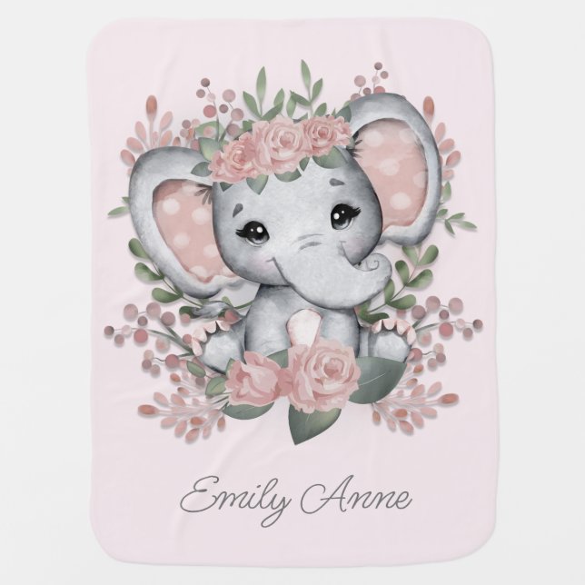 Cute Elephant Pink Floral Greenery Child's Name  Baby Blanket (Front)