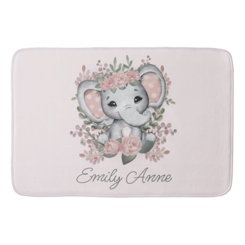 Cute Elephant Pink Floral Greenery Childs Name  Bath Mat