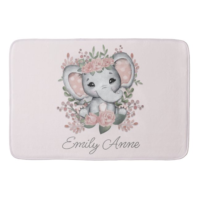 Cute Elephant Pink Floral Greenery Child's Name  Bath Mat (Front)