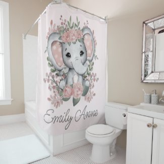 Cute Elephant Pink Floral Greenery Child's Name  