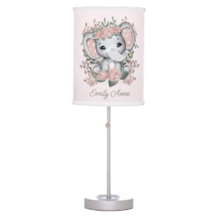 Cute Elephant Pink Floral Greenery Child's Name Table Lamp