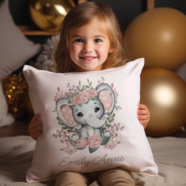 Cute Elephant Pink Floral Greenery Child's Name Throw Pillow (Cute pink princess elephant decorator pillow personalized with your child's name.)