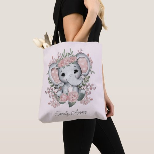 Cute Elephant Pink Floral Greenery Childs Name Tote Bag