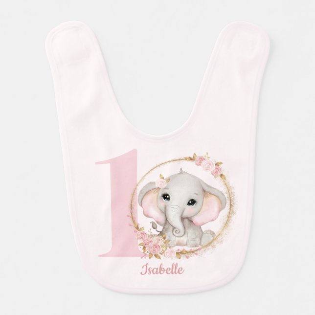 Cute Elephant Pink Flowers 1st Birthday Baby Bib (Front)