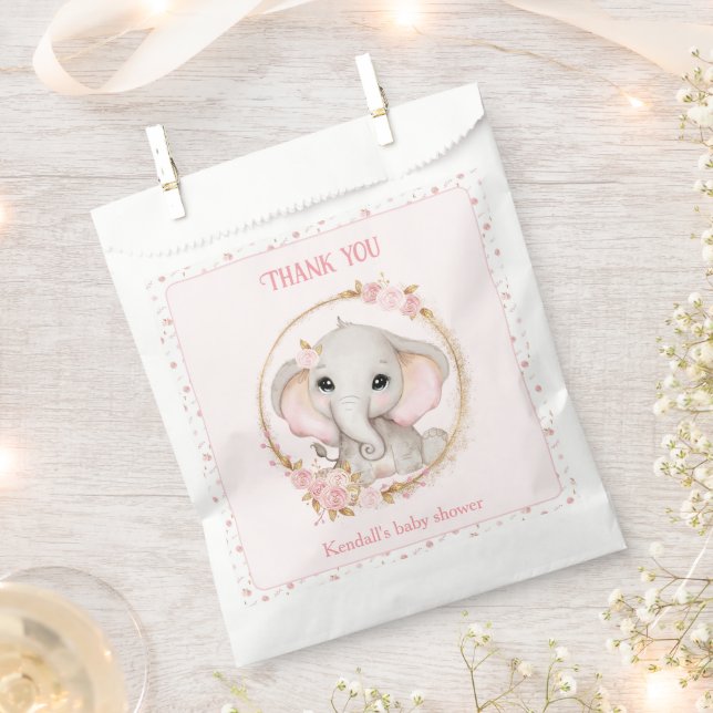 Cute Elephant Pink Flowers Baby Shower Favor Bag (Clipped)