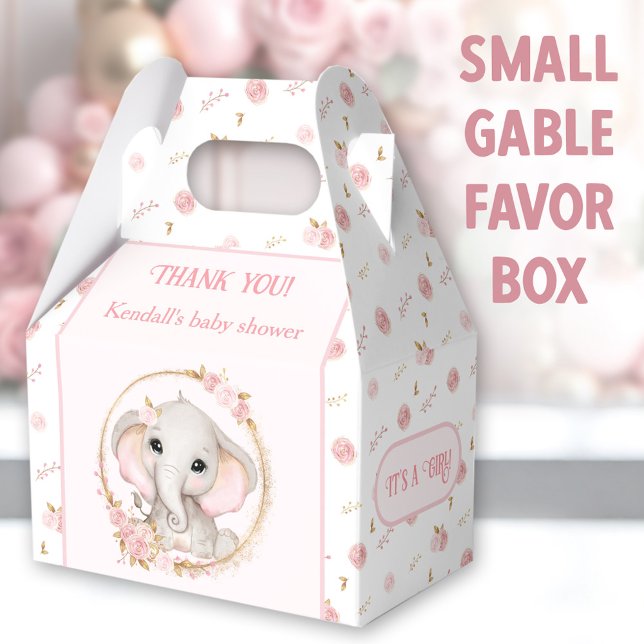 Cute Elephant Pink Flowers Baby Shower Favor Boxes (Cute Elephant Small Gable Favor Boxes - You can choose from 3 sizes of these gable favor boxes)