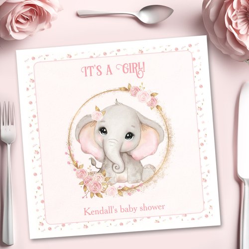 Cute Elephant Pink Flowers Baby Shower Napkins