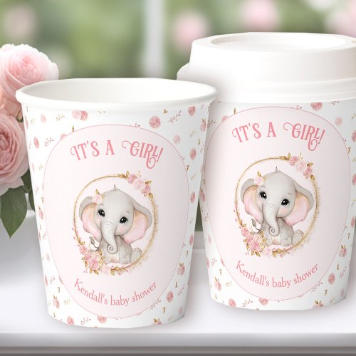 Cute Elephant Pink Flowers Baby Shower Paper Cups