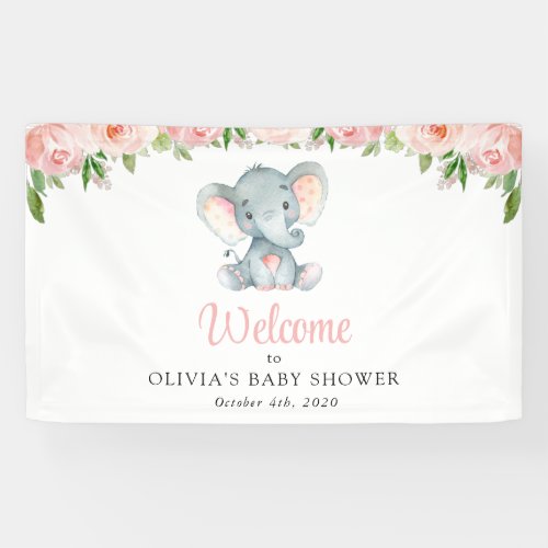 Cute Elephant Pink Flowers Baby Shower Welcome Banner