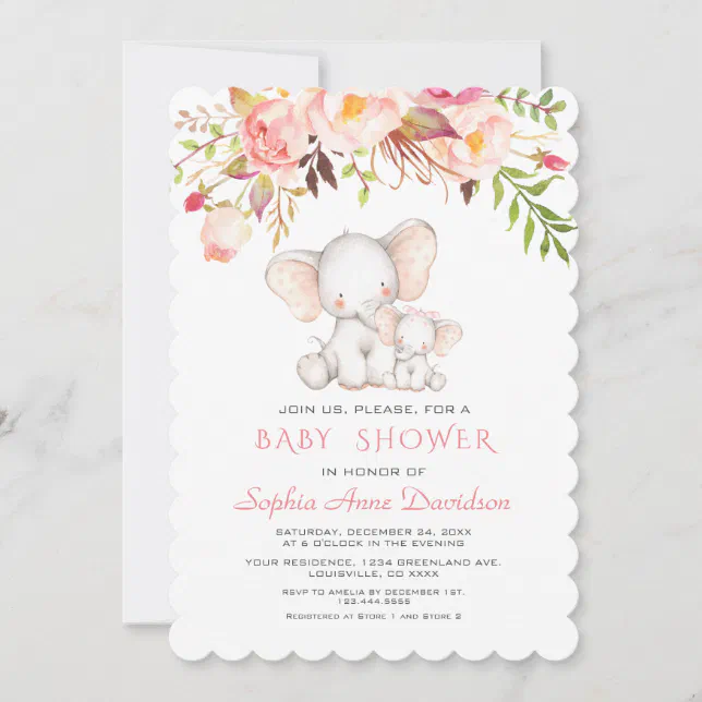 Cute Elephant Pink Flowers Girl Baby Shower Invitation | Zazzle