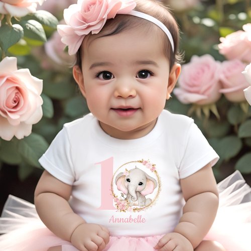 Cute Elephant Pink Flowers Girl Name Baby T_Shirt