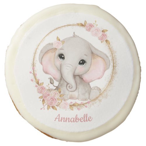 Cute Elephant Pink Flowers Girl Sugar Cookie