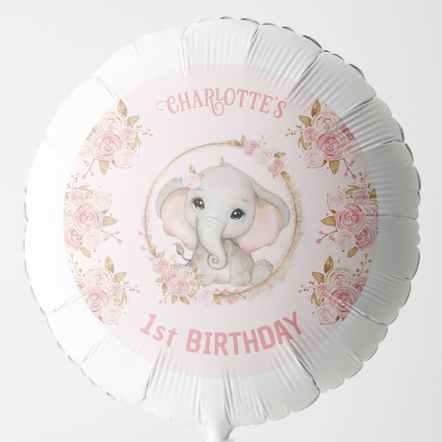 Cute Elephant Pink Flowers Roses Birthday Girl Balloon (Front)