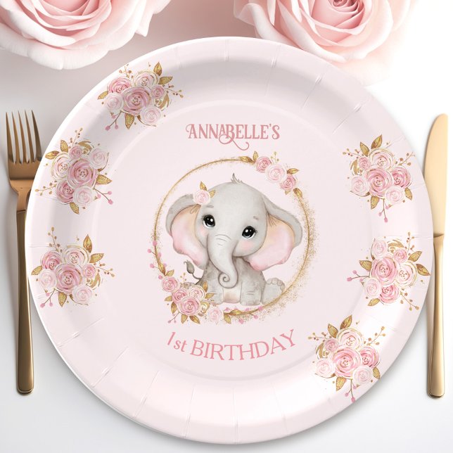 Cute Elephant Pink Flowers Roses Birthday Girl Paper Plates (Cute Elephant Pink Flowers Roses Birthday Girl Paper Plates)