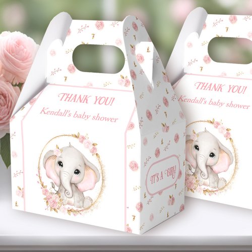 Cute Elephant Pink Flowers White Baby Shower Favor Boxes