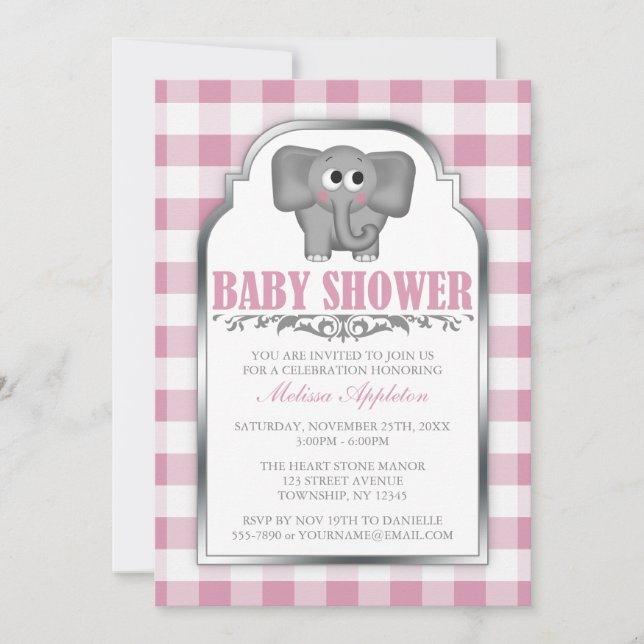 Cute Elephant Pink Gingham Baby Shower Invitations (Front)