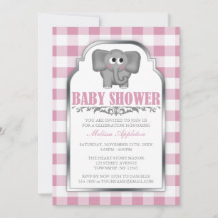 Cute Elephant Pink Gingham Baby Shower Invitations