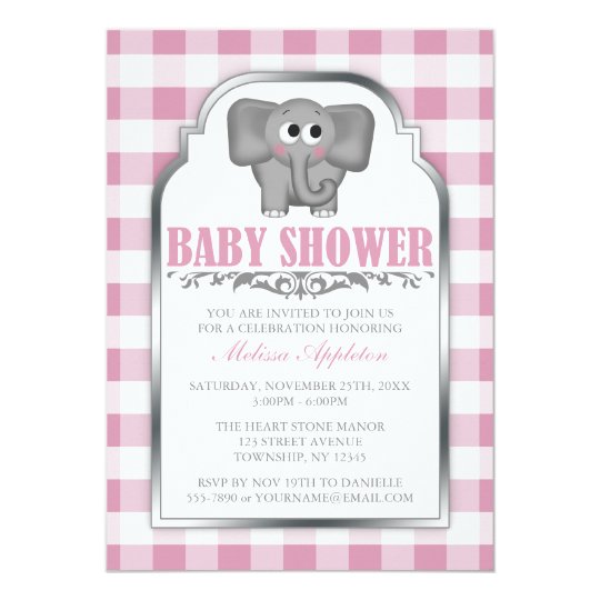 Cute Elephant Pink Gingham Baby Shower Invitations