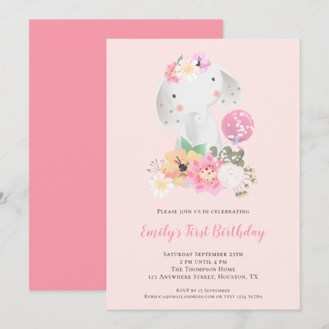 Cute Elephant Pink Girl 1st Birthday Invitation (Front/Back)