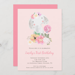 Cute Elephant Pink Girl 1st Birthday Invitation