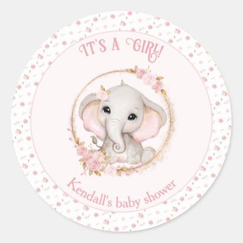 Cute Elephant Pink Girl Baby Shower Stickers