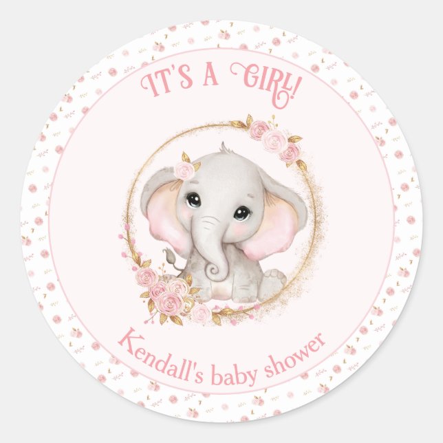 Cute Elephant Pink Girl Baby Shower Stickers (Front)
