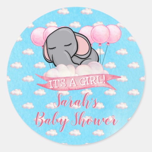 Cute Elephant Pink Girl Baby Shower Watercolor Classic Round Sticker