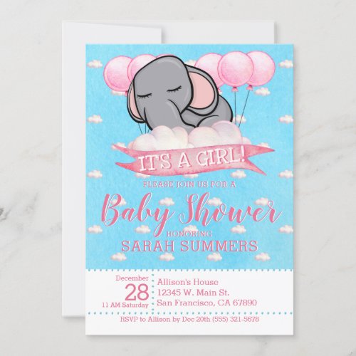 Cute Elephant Pink Girl Baby Shower Watercolor Invitation
