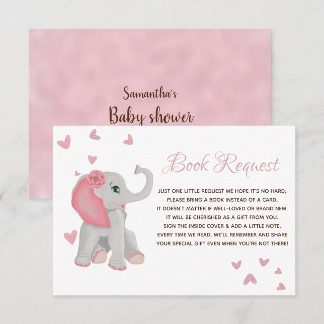 Cute Elephant Pink Girl Book Request Baby Shower Enclosure Card (Front/Back)