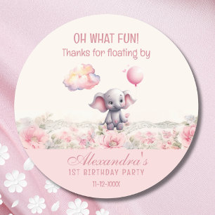 Cute Elephant Pink Girl's 1st Birthday Thank You Classic Round Sticker