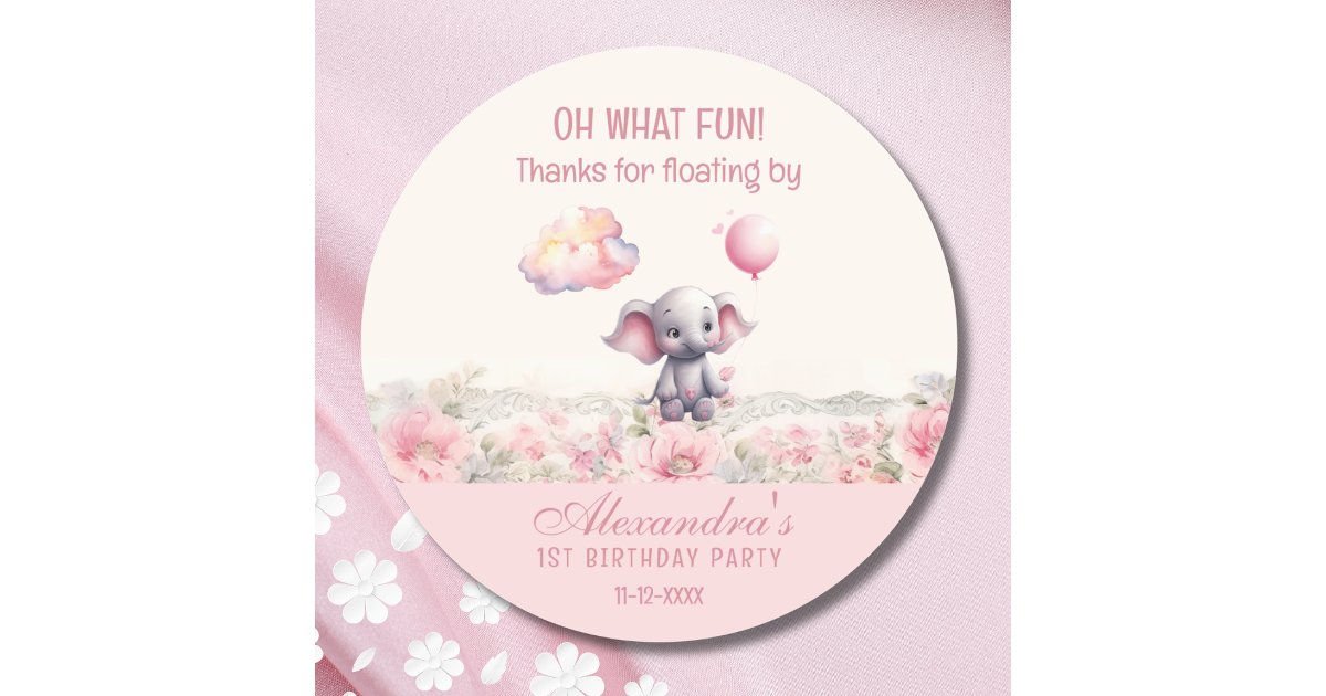 Cute Elephant Pink Girl's 1st Birthday Thank You Classic Round Sticker ...
