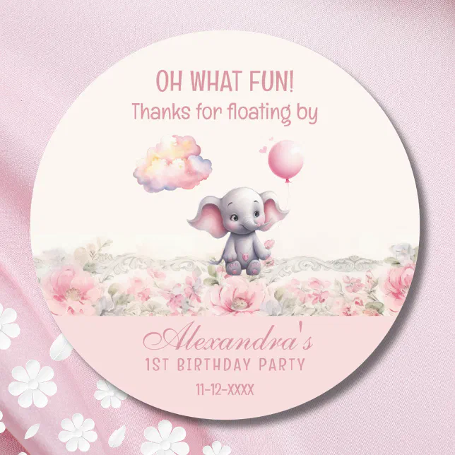 Cute Elephant Pink Girl's 1st Birthday Thank You Classic Round Sticker ...