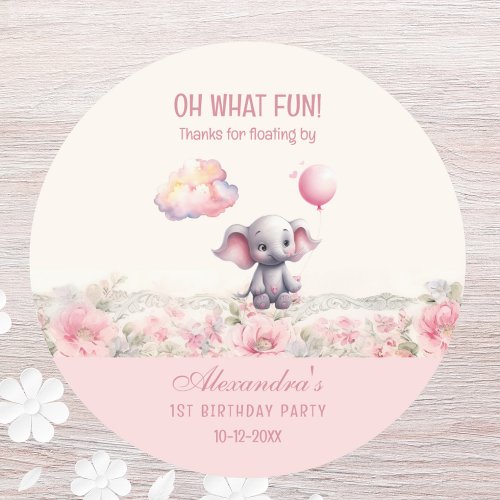 Cute Elephant Pink Girls 1st Birthday Thank You Classic Round Sticker
