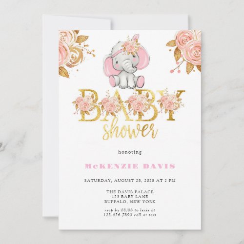 Cute Elephant Pink Gold Floral Girl Baby Shower Invitation