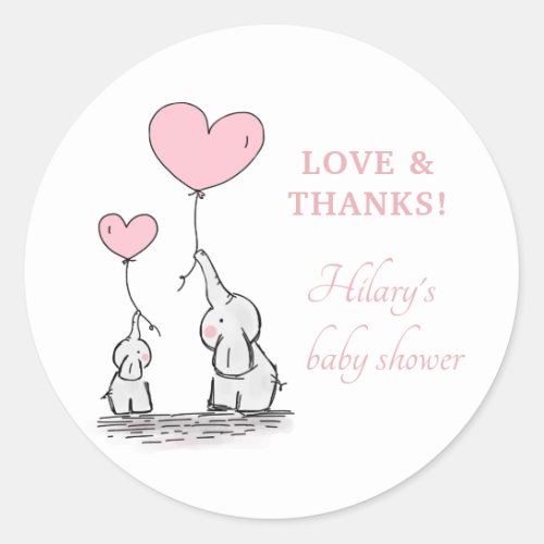 Cute Elephant Pink Heart Balloons Girl Baby Shower Classic Round Sticker