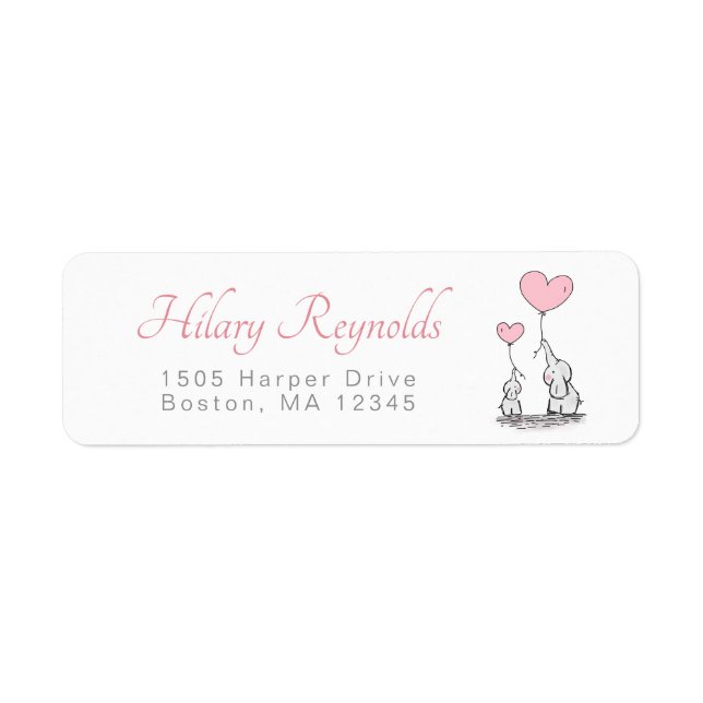 Cute Elephant Pink Heart Balloons Girl Baby Shower Label (Front)