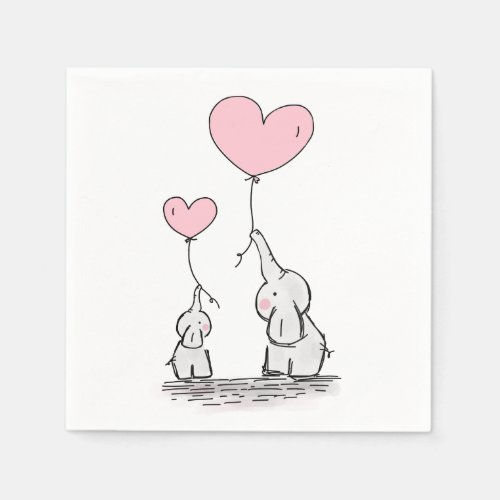 Cute Elephant Pink Heart Balloons Girl Baby Shower Napkins