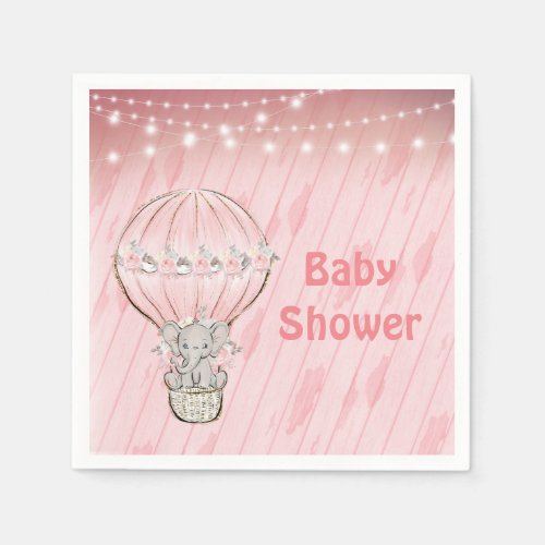 Cute Elephant Pink Hot Air Balloon Baby Shower  Napkins