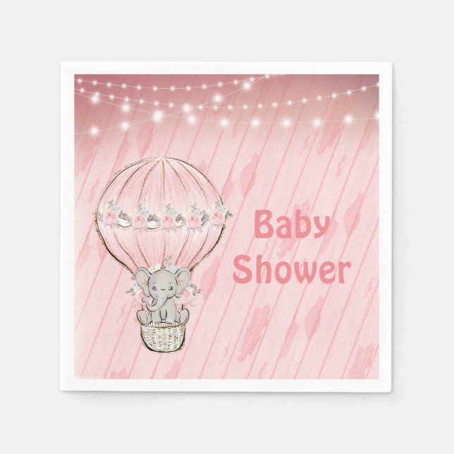 Cute Elephant Pink Hot Air Balloon Baby Shower  Napkins (Front)