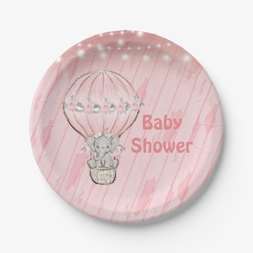 Cute Elephant pink Hot Air Balloon Baby Shower  Paper Plates