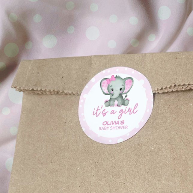 Cute Elephant pink It's a Girl Baby Shower Classic Round Sticker (Creator Uploaded)
