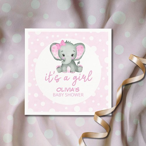 Cute Elephant pink Its a Girl Baby Shower Napkins